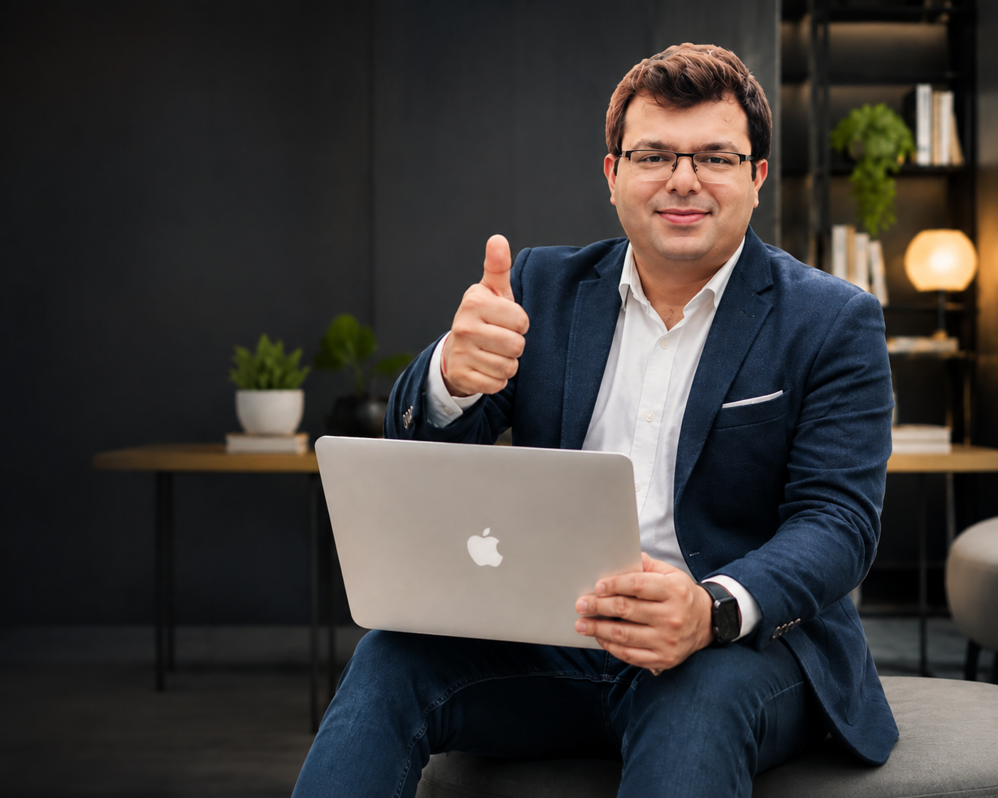 Tarun Agarwal, founder of TLF Creators, seated with a laptop and giving a thumbs-up.