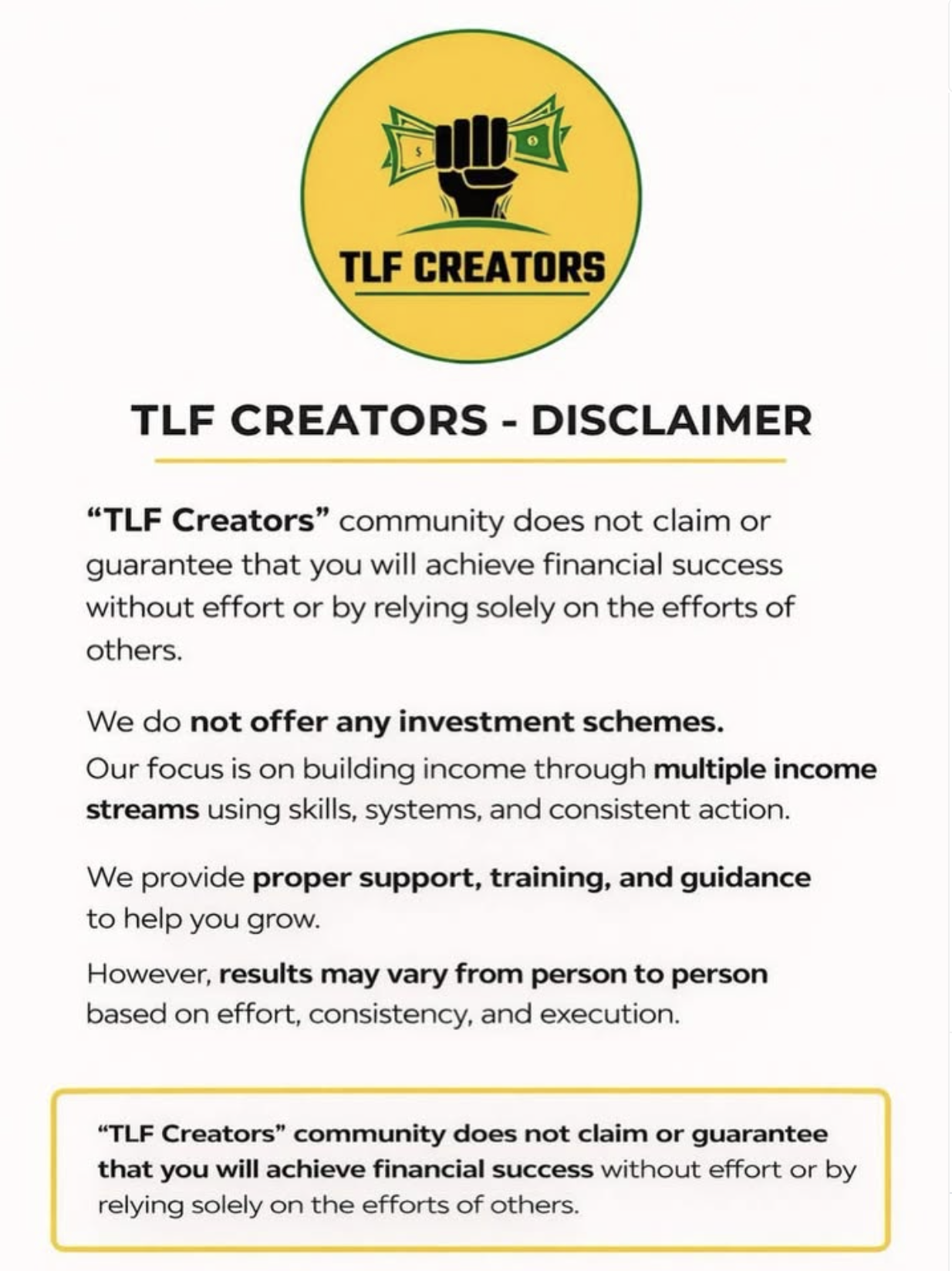 TLF Creators disclaimer: the community does not claim or guarantee financial success without effort, does not offer investment schemes, and results may vary from person to person.